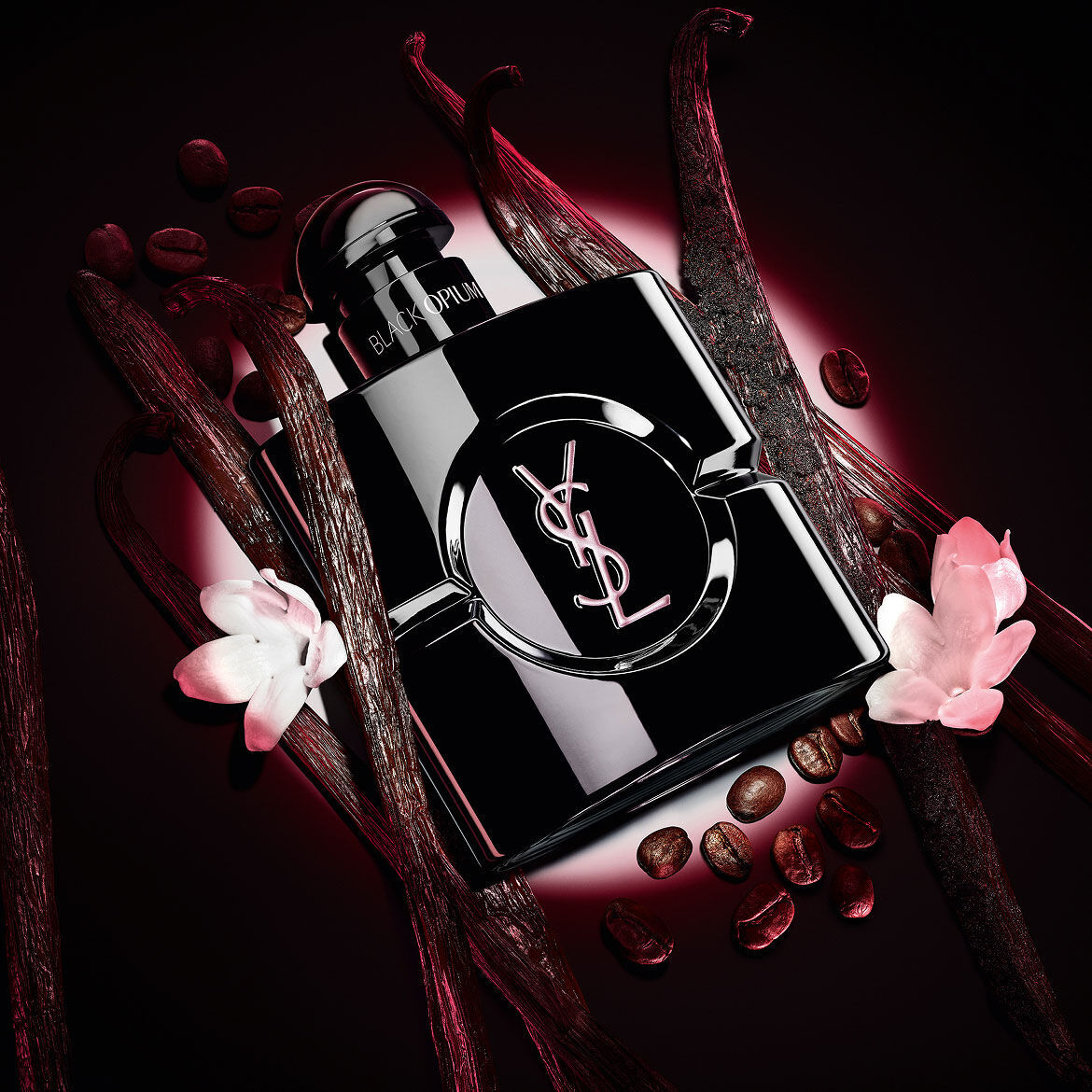 Frasco de Black Opium Le Parfum en negro brillante, rodeado de vainas de vainilla oscura y jazmin blanco.