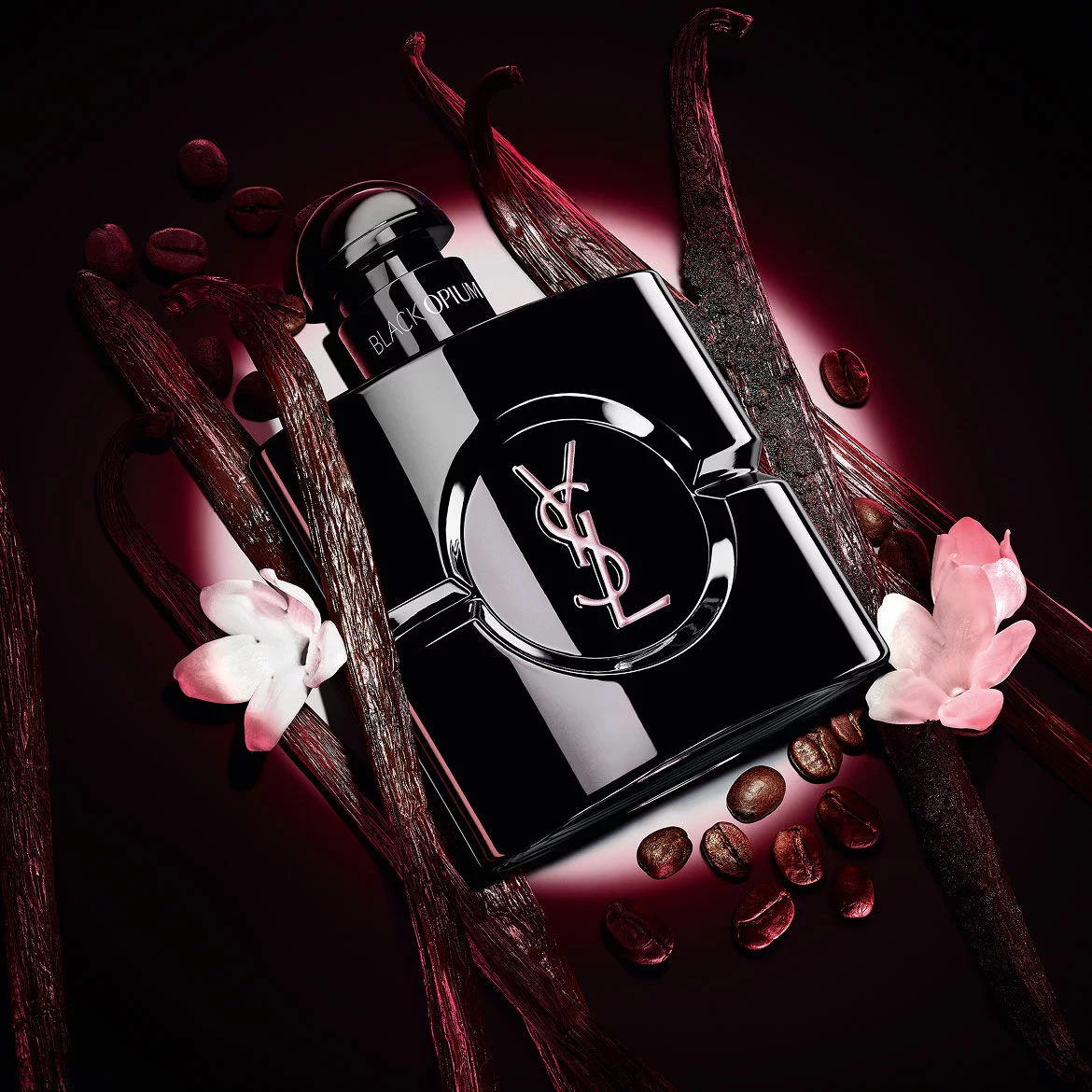 Frasco de Black Opium Le Parfum en negro brillante, rodeado de vainas de vainilla oscura y jazmin blanco.