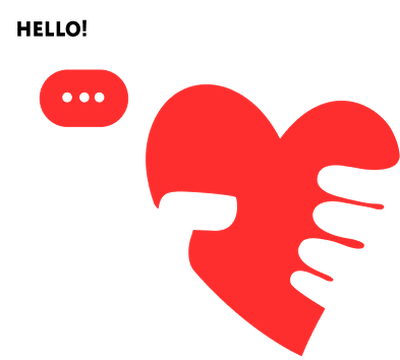 Icono de corazon rojo apretado por una mano oscura con burbujas de texto "HELLO!" y "...".