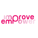Logotipo rosa "improve empower" con lineas geometricas abstractas que atraviesan las letras, en un circulo blanco.
