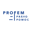Logotipo "PROFEM PRAVO POMOC" en letras azules estilizadas con una linea vertical y dos horizontales, en un circulo blanco.