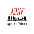 Logotipo "APAV Associacao Portuguesa de Apoio a Vitima" con siluetas de personas debajo, en un circulo blanco.