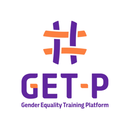 Logotipo "#GET-P Gender Equality Training Platform" con un hashtag estilizado morado y naranja sobre el texto, en un circulo blanco.