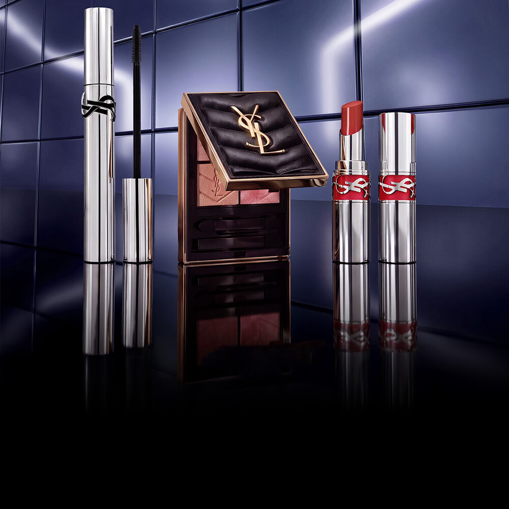 Perfume YSL Black Opium, pintalabios y base de maquillaje All Hours