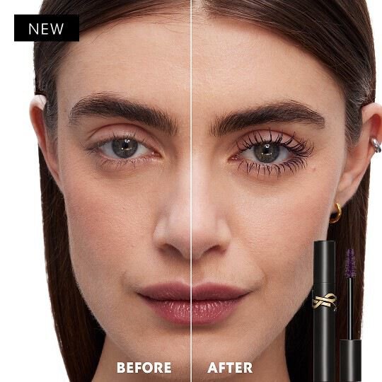 Comparacion del antes y despues: pestanas naturales a la izquierda y pestanas con volumen y longitud tras aplicar mascara negra a la derecha.