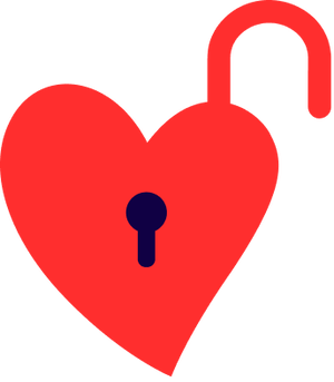 Icono de candado abierto en forma de corazon rojo sobre fondo blanco.