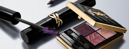 Productos de maquillaje de ojos YSL en morado y paleta
