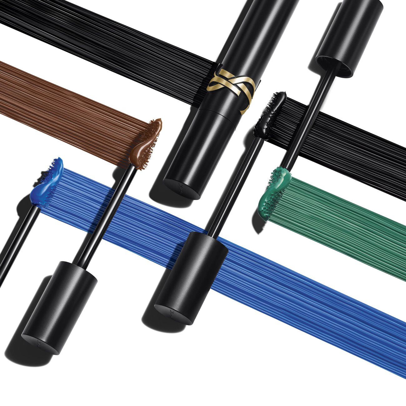 Mascaras YSL y muestras de color en negro, marron, azul y verde.
