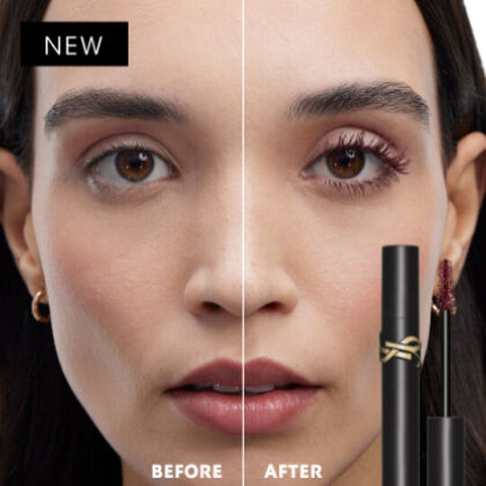 Comparacion de antes y despues: pestanas naturales a la izquierda y pestanas con volumen tras aplicar mascara color burdeos a la derecha.