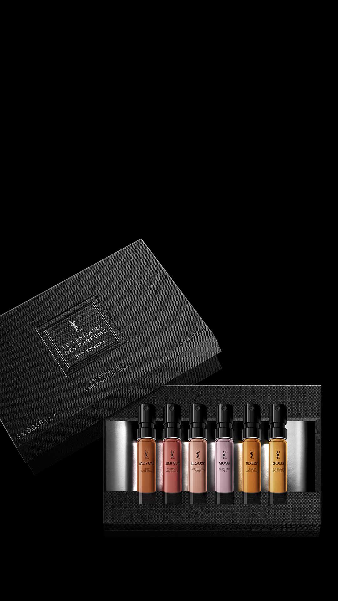 Set de descubrimiento Yves Saint Laurent Le Vestiaire des Parfums con seis miniaturas de 2 ml en una caja negra texturizada.