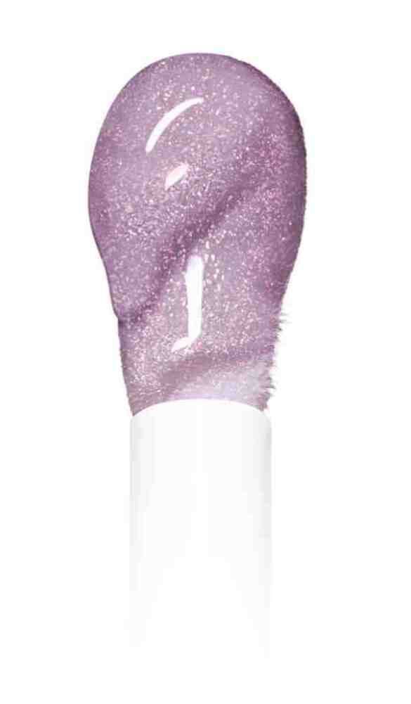 A close-up of a makeup applicator with a shimmering, lavender-colored gloss, showcasing its glossy texture and sparkles.