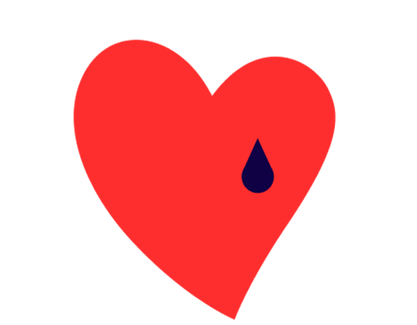 Icono de corazon rojo con una lagrima azul oscuro sobre fondo blanco.