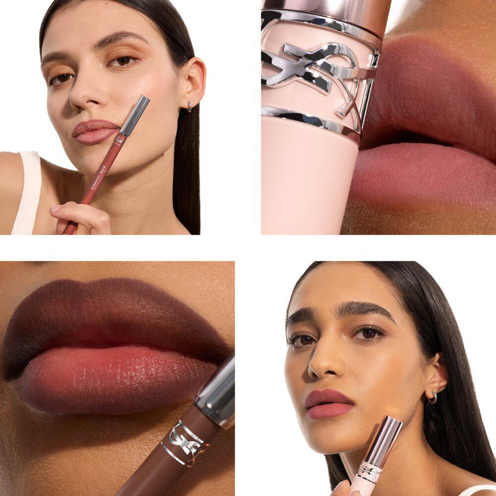 Collage de delineador de labios y lip blusher de YSL, con primeros planos de labios nude rosados y un tubo rosa palido.