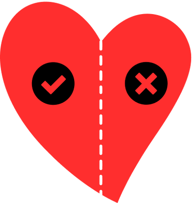 Corazon rojo dividido por una linea discontinua con iconos de verificacion y cruz.