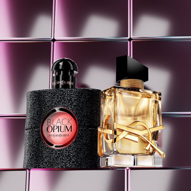 Frascos de perfume Black Opium y Libre de Yves Saint Laurent