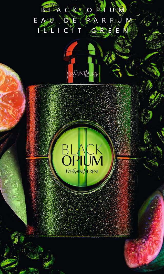 Frasco del perfume Black Opium de Yves Saint Laurent, destacado sobre un fondo de granos de cafe y frutas como mandarinas y higos.