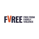 Logotipo "FVREE FREE FROM FAMILY VIOLENCE" con "V" en naranja, el resto en morado oscuro, en un circulo blanco.