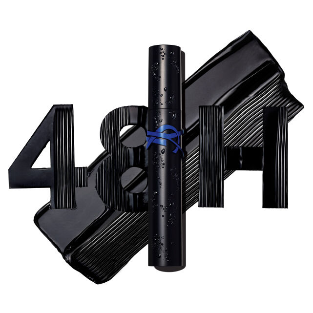 A black mascara tube with a blue logo is surrounded by the bold numbers "48H" and a slick of black mascara, suggesting long-lasting wear.