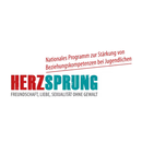 Logotipo "HERZSPRUNG FREUNDSCHAFT, LIEBE, SEXUALITAT OHNE GEWALT" con texto rojo y turquesa, y "Programa Nacional para Fortalecer Habilidades de Relacion en Jovenes".