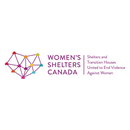 Logotipo "WOMEN'S SHELTERS CANADA" con un corazon formado por casas de colores interconectadas y el eslogan "Unidos para poner fin a la violencia contra las mujeres", en un circulo blanco.