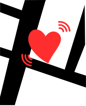 Icono de corazon rojo con ondas de senal sobre fondo blanco.