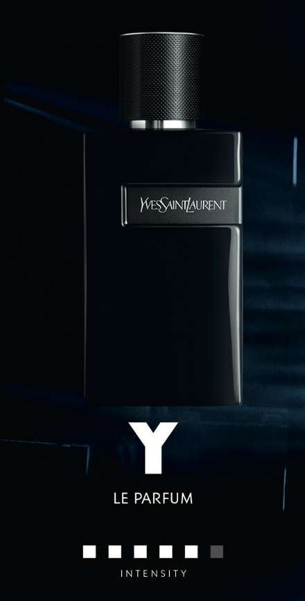 A sleek, black bottle of Yves Saint Laurent Y Le Parfum against a dark, blurred background, highlighting a sophisticated and intense design.