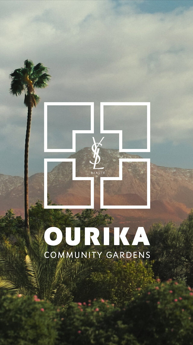 Un paisaje con palmeras, follaje verde y montanas bajo un cielo nublado. Se superponen un logotipo blanco de YSL Beaute y el texto "OURIKA COMMUNITY GARDENS".