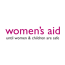 Logotipo "women's aid until women & children are safe" en letras magenta y grises, en un circulo blanco.
