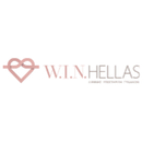 Logotipo "W.I.N. HELLAS" con un simbolo de infinito rosa claro y un corazon, en un circulo blanco.