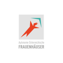 Logotipo "Autonome Osterreichische FRAUENHAUSER" con un motivo abstracto de una persona roja estilizada y una forma azul en el fondo, en un circulo blanco.