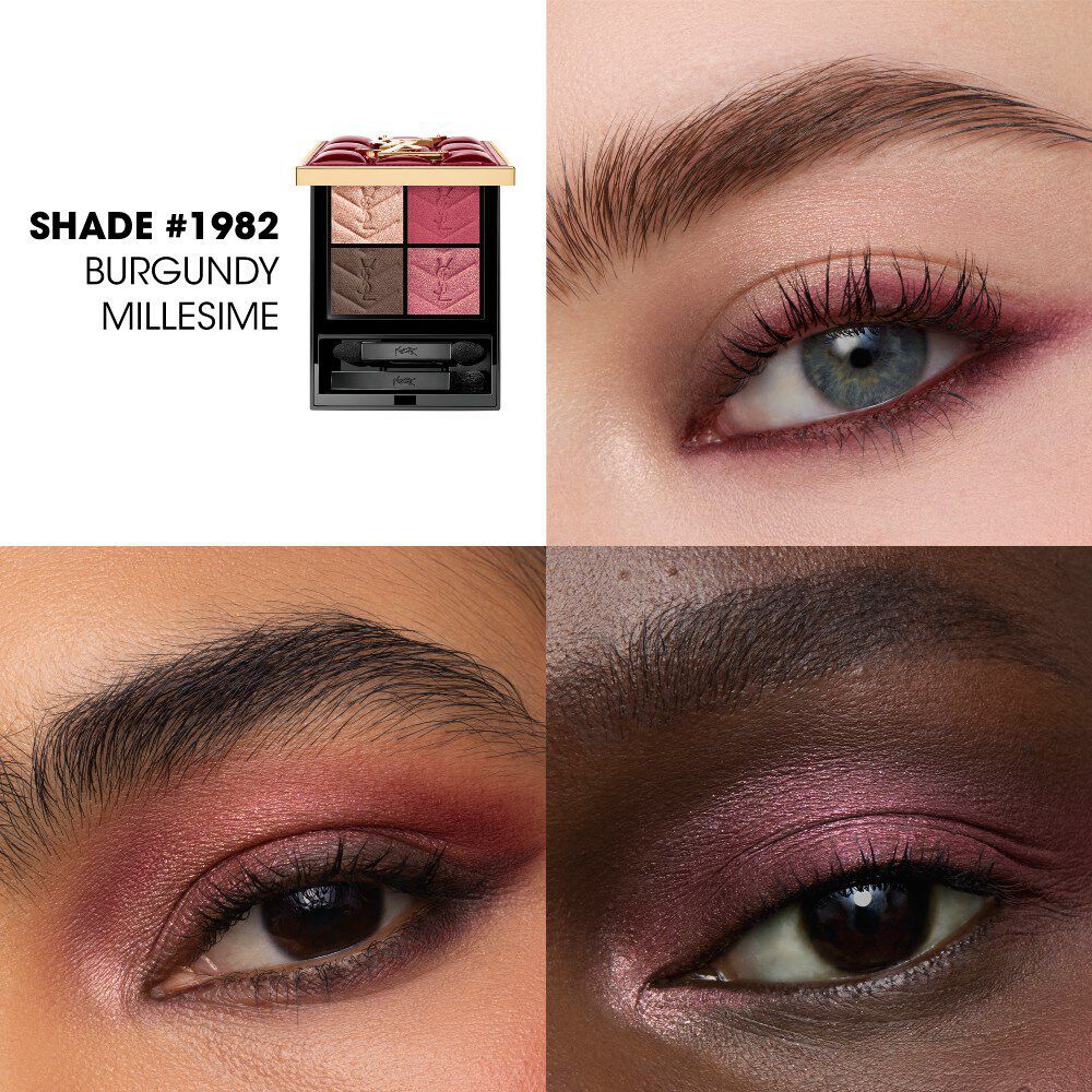 Primeros planos de maquillaje de ojos mostrando el tono #1982 Burgundy Millesime aplicado sobre distintos tonos de piel.