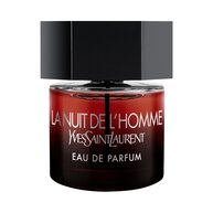 The Bottle front-facing shot of the La Nuit de l’Homme Eau de Parfum bottle, featuring a deep red-to-black gradient glass and a signature matte black hexagonal cap.