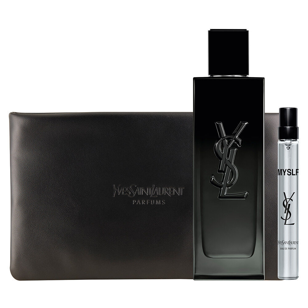 Cofre regalo MYSLF Eau de Parfum con frasco de fragancia, tamano viaje y estuche couture en caja YSL.