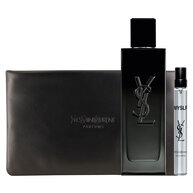 Cofre regalo MYSLF Eau de Parfum con frasco de fragancia, tamano viaje y estuche couture en caja YSL.