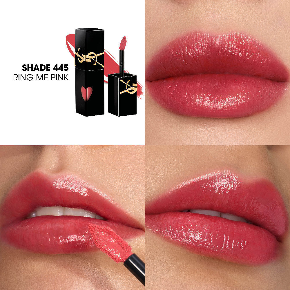 Collage que muestra el frasco de tinta labial YSL y una muestra de textura (arriba a la izquierda) junto a tres primeros planos de tintes labiales en distintos tonos de piel, incluido uno aplicandose con el pincel.