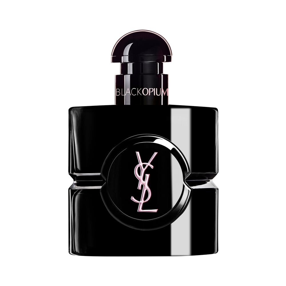 Frasco de Black Opium Le Parfum en laca negra brillante, con un centro negro y el logotipo de YSL.