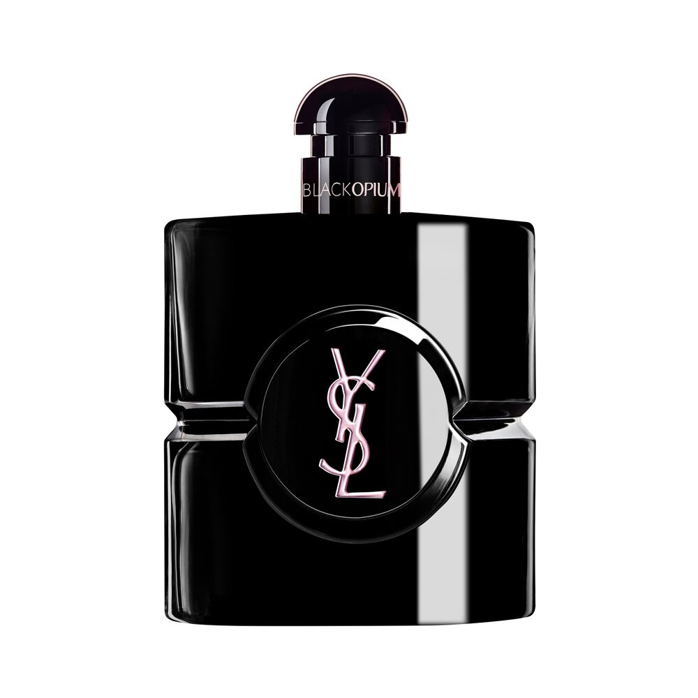 Frasco de Black Opium Le Parfum en laca negra brillante, con un centro negro y el logotipo de YSL.