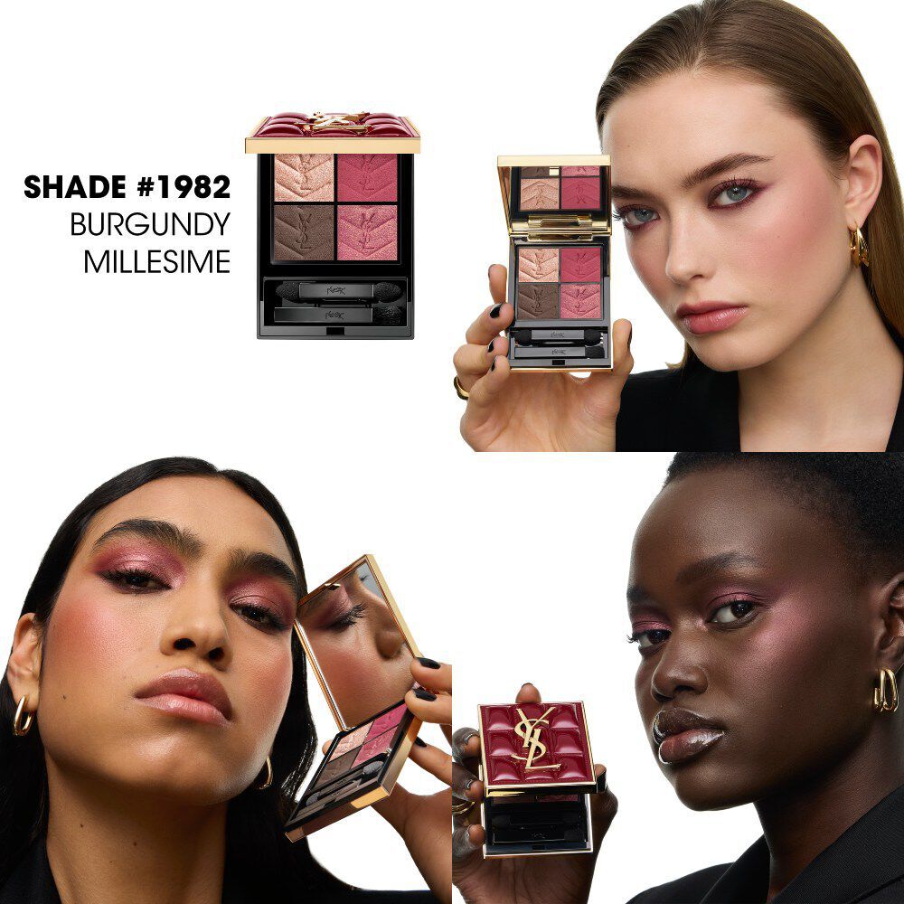 Tres modelos exhiben el tono #1982 Burgundy Millesime de la paleta coleccionista YSL Couture Mini Clutch.