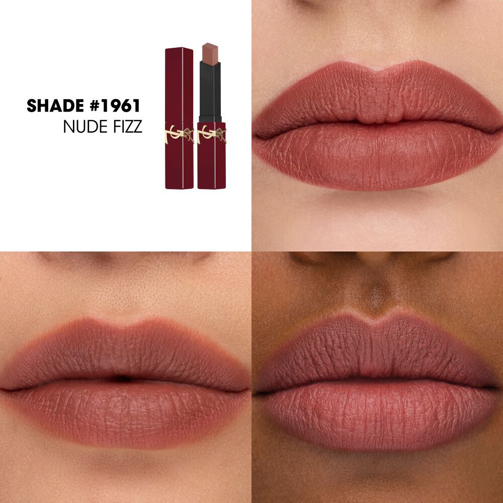 Primeros planos de YSL The Slim Collector tono #1961 Nude Fizz aplicado en tres tonos de labios distintos.
