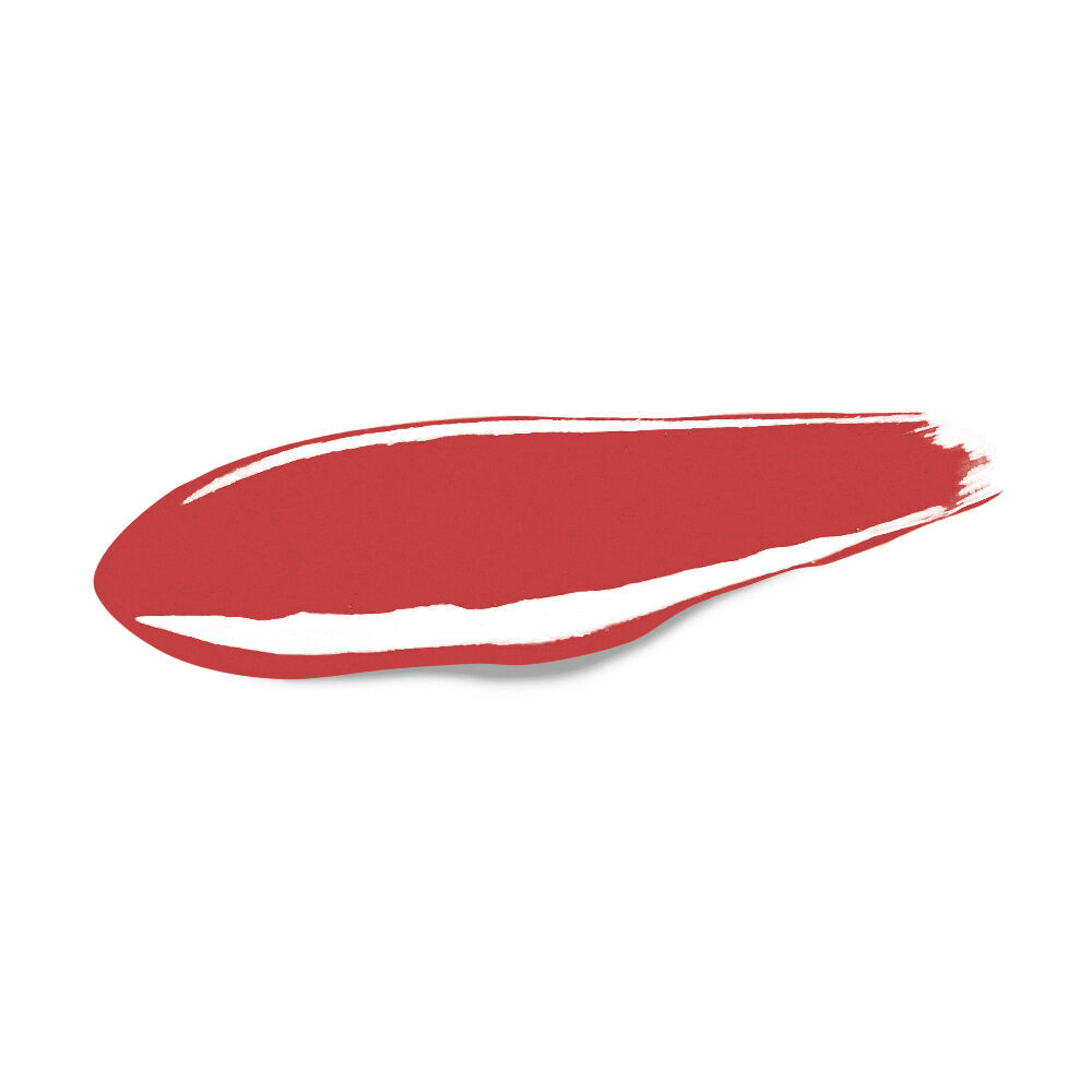 Una barra horizontal impecable de lapiz labial liquido YSL de textura vinilica y brillo intenso, sobre un fondo blanco puro.