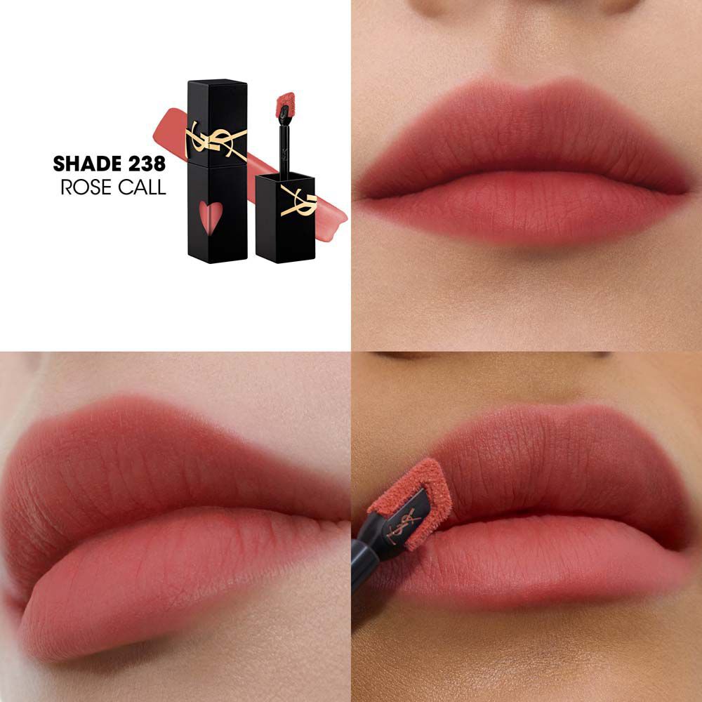 Collage que muestra el frasco de la mancha de labios de YSL y una muestra de textura (arriba a la izquierda) junto a tres primeros planos de muestras de labios en diferentes tonos de piel, incluyendo una siendo aplicada con el aplicador.