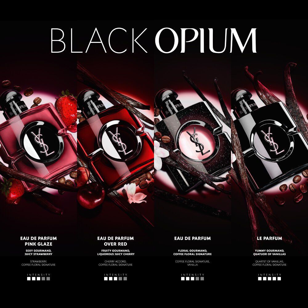 Comparativa de YSL Black Opium que revela las notas y la intensidad de cuatro fragancias: Pink Glaze (fresa), Over Red (cereza), Eau de Parfum (clasico cafe floral) y Le Parfum (cuarteto de vainillas).