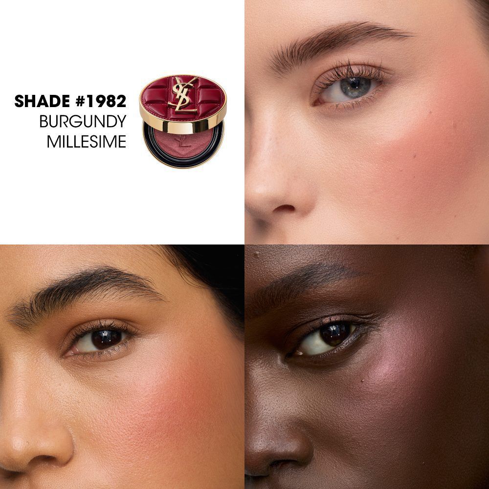 Duo navideno de maquillaje YSL sobre trazos de textura burdeos con paleta y gloss