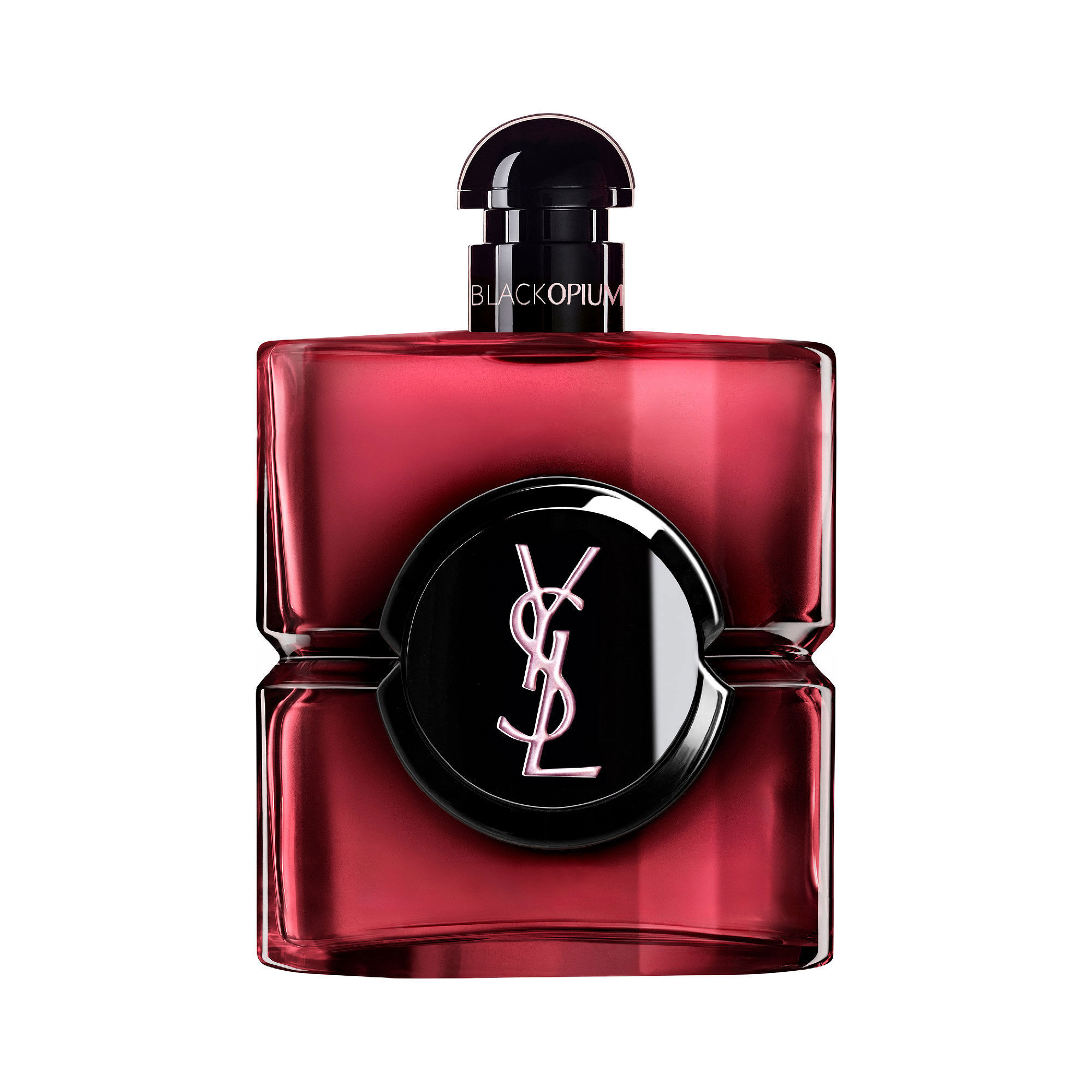 Frasco de Black Opium Eau de Parfum Pink Glaze en laca rosa
                        oscuro con centro negro y el logo Cassandre de YSL en plateado.