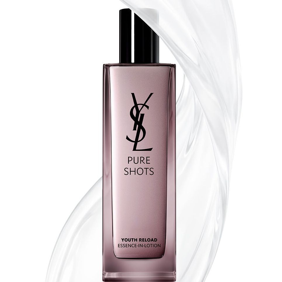 YSL Beauty Pure Shots Youth Reload Essence-in-Lotion bottle with swirling texture, highlighting natural origin formula.
