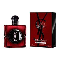 Frasco de Black Opium Eau de Parfum Over Red junto a su caja roja a juego con el logotipo de YSL.