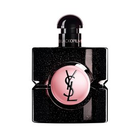 Black Opium Eau de Parfum in a black glitter bottle with a pink center, featuring the YSL logo.