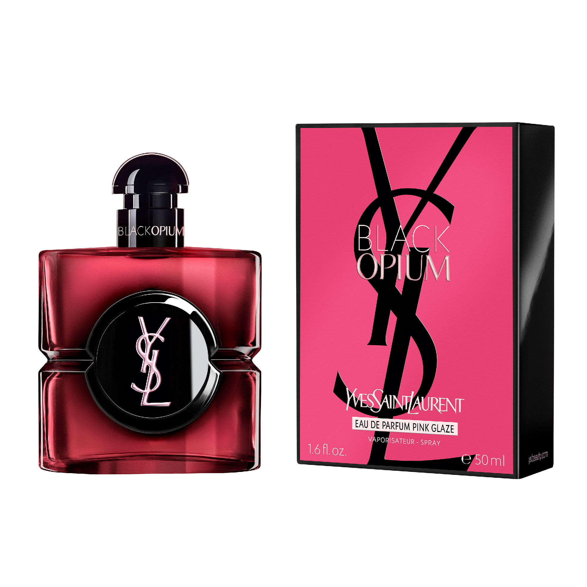 Frasco de Black Opium Eau de Parfum Pink Glaze junto a su
                        caja fucsia y negra con el Cassandre de YSL.