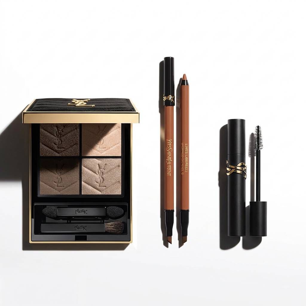 Productos de maquillaje de ojos YSL sobre fondo blanco