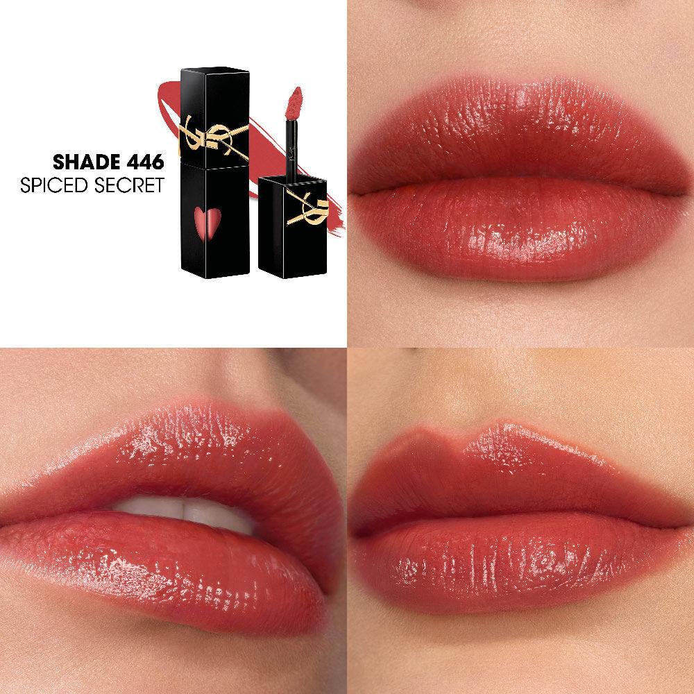 Collage que muestra el frasco de tinta labial YSL y una muestra de textura (arriba a la izquierda) junto a tres primeros planos de tintes labiales en distintos tonos de piel, incluido uno aplicandose con el pincel.